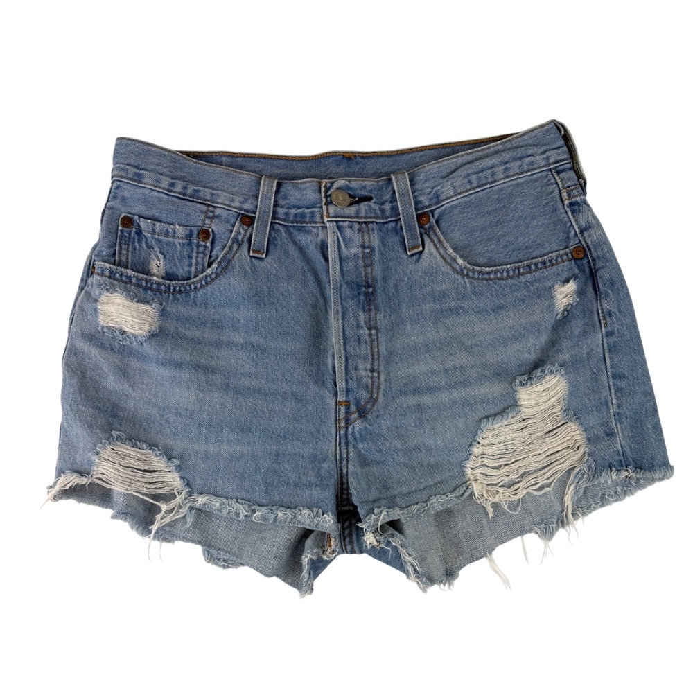 Levi's 501 Original Shorts Women 29 Blue Distressed High Rise Button Fly Denim